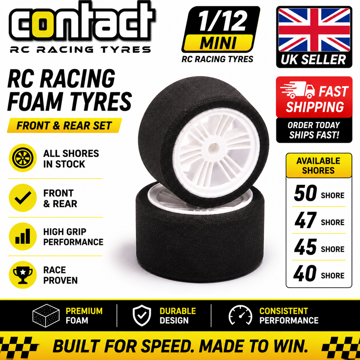 RC Mini Oval Foam Tyres 1/12 Scale Racing Tires Contact RC Pair
